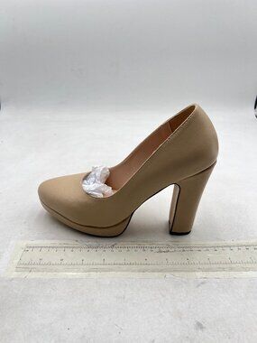 miss left Beige Low Platform Chunky High Heel Slip On Closed Round Toe Pump